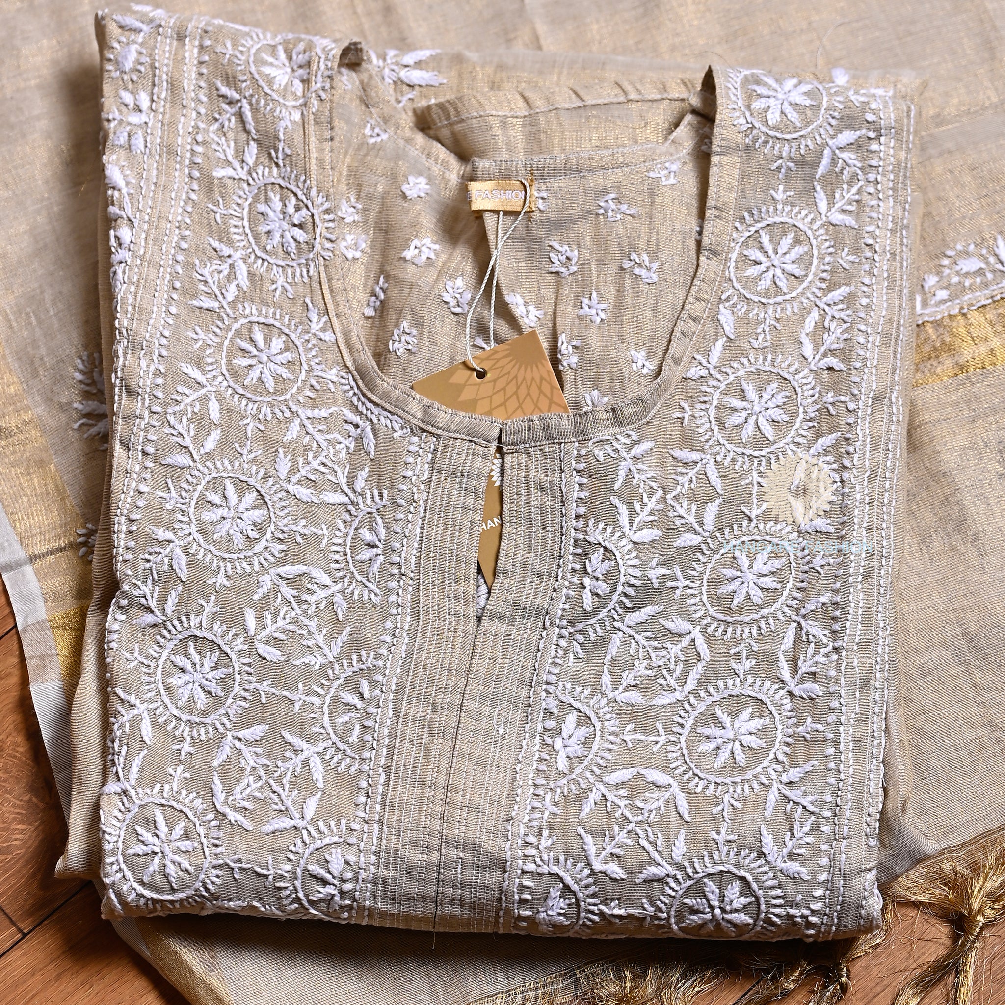 Champagne Beige Pure Tissue Chikankari Shirt & Dupatta Set
