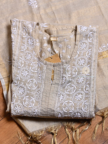 Champagne Beige Pure Tissue Chikankari Shirt & Dupatta Set