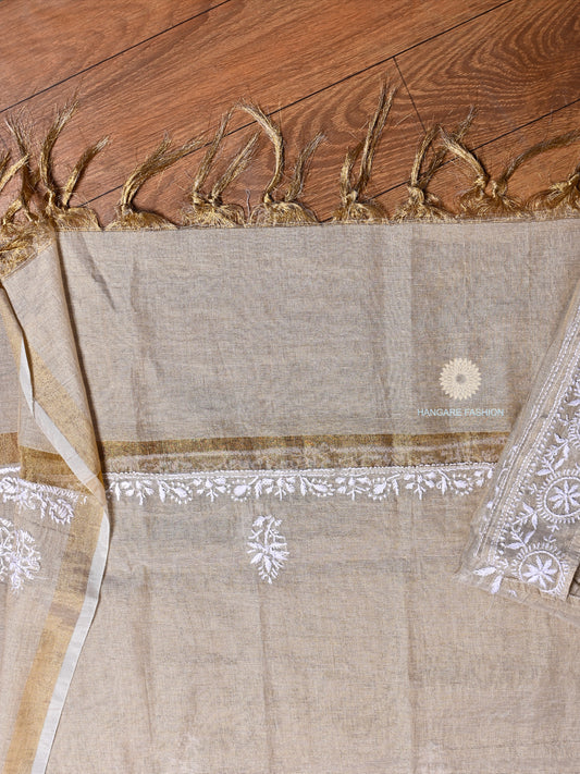Champagne Beige Pure Tissue Chikankari Shirt & Dupatta Set