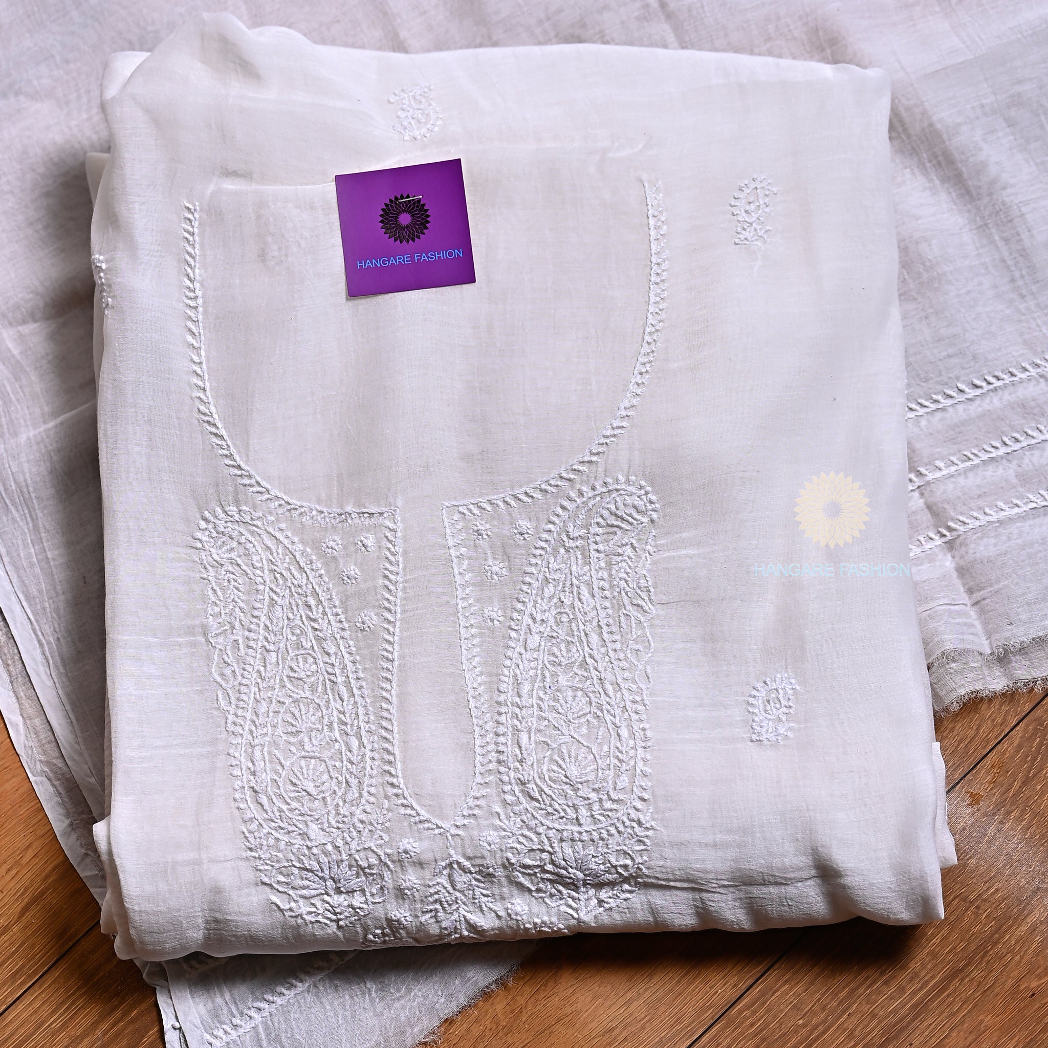 White Pure Mulmul Lucknowi Chikankari Shirt & Dupatta Set
