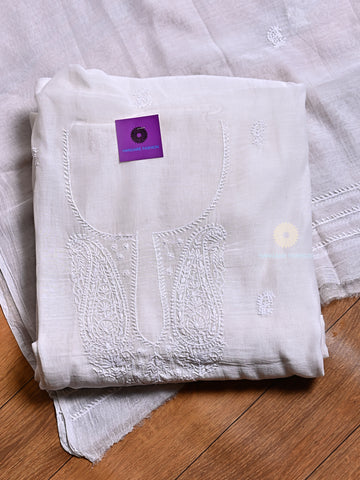 White Pure Mulmul Lucknowi Chikankari Shirt & Dupatta Set