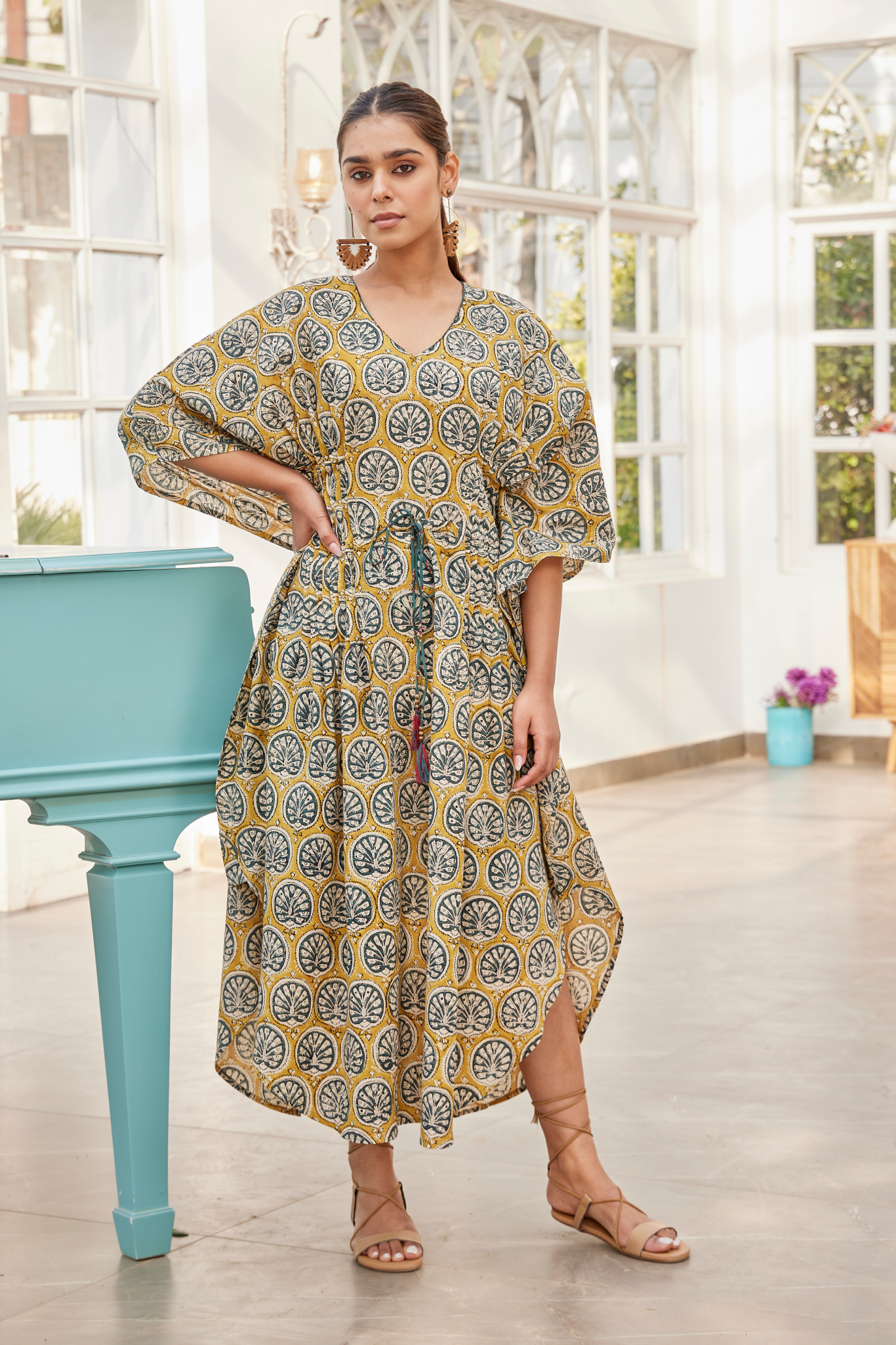 Mustard Yellow Bagru Hand Print Kaftan