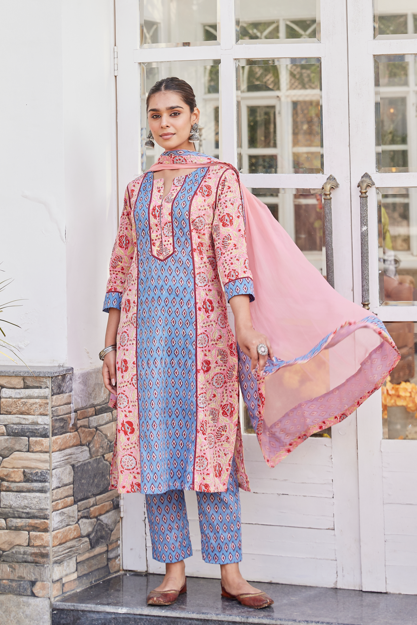 Dual-Toned Geometric Hand Block Print Long Kurta