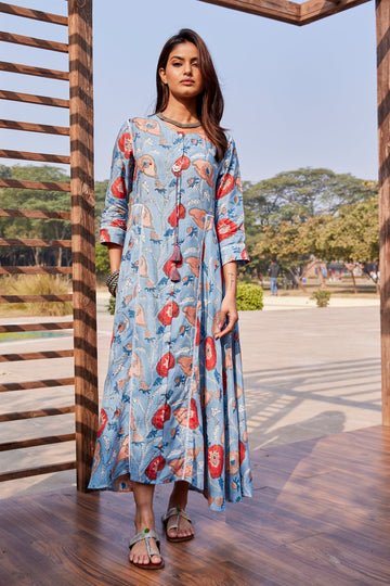 Sanganeri Hand Blocked Floral Asymmetrical Dress