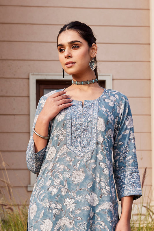 Turquoise Floral Hand Block Print Kurta