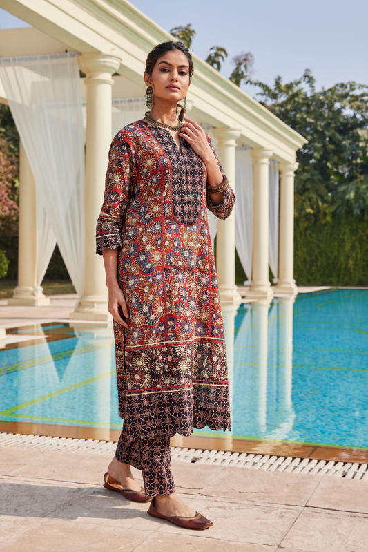 Ajrakh & Bagru Print Long Straight Kurta