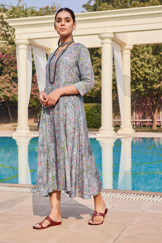 Indo-Western Floral Handblock Print Asymmetrical Dress