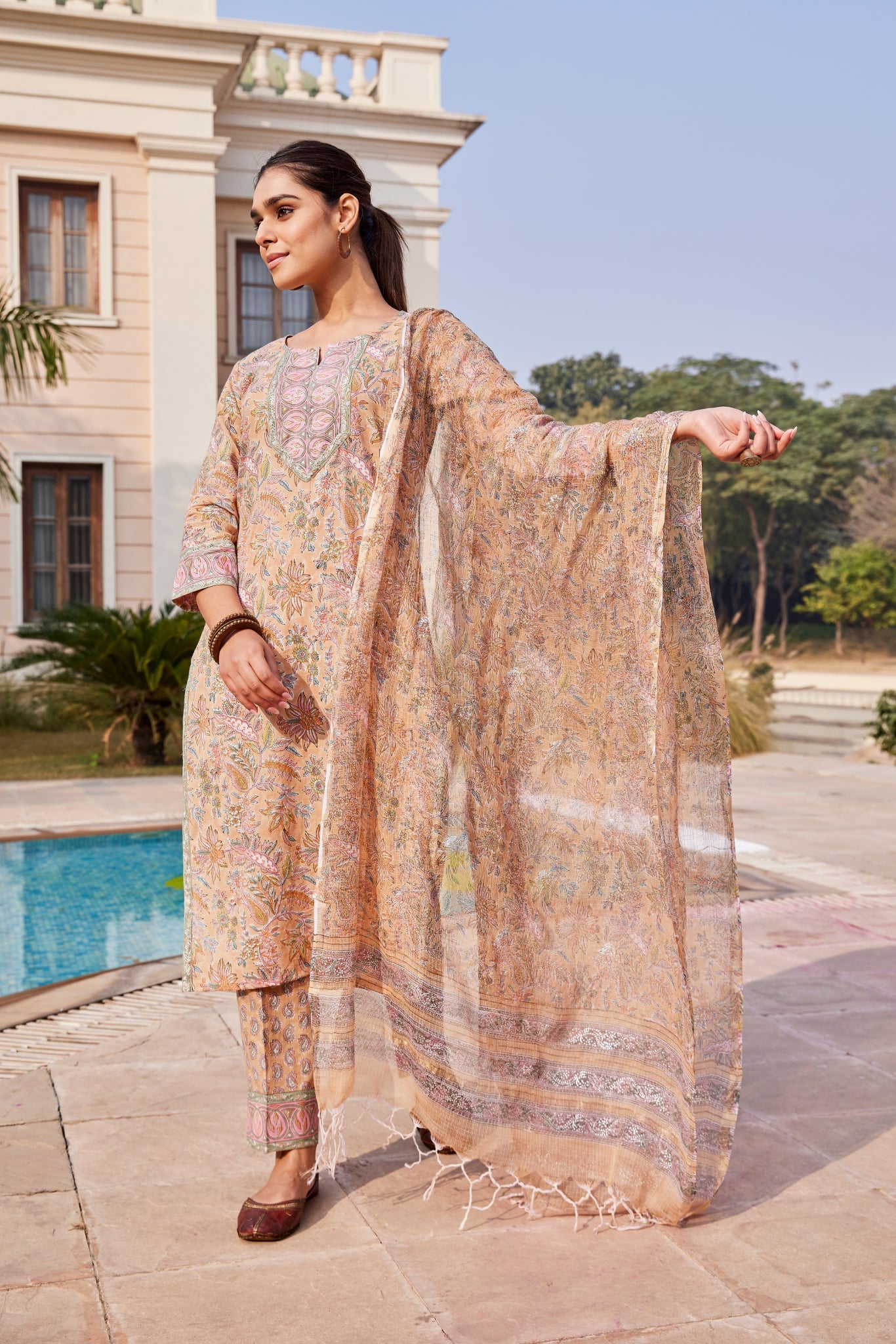 Light Brown Kota Cotton Hand Block Print Dupatta