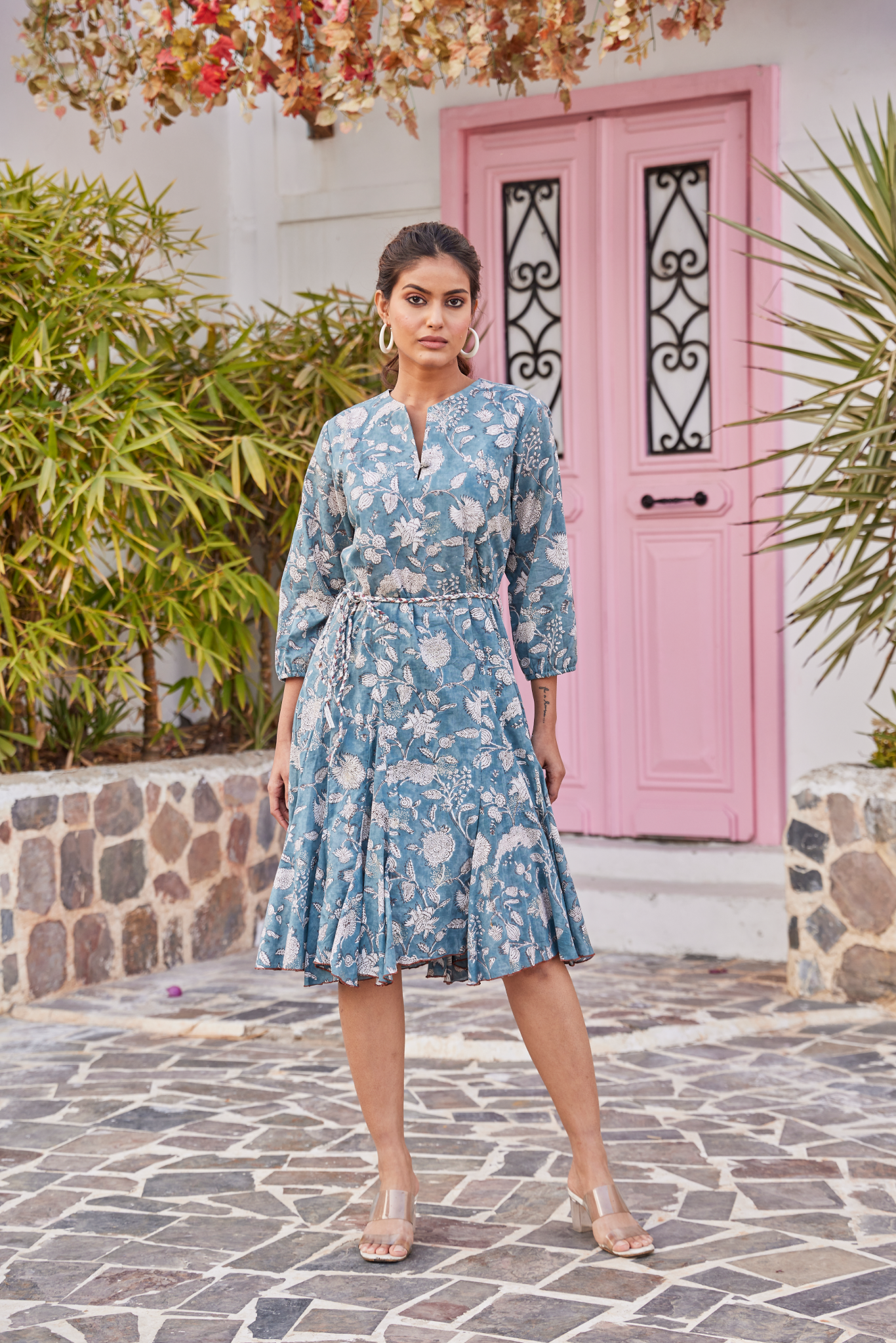 Turquoise Hand Block Print Fit And Flare Midi Dress