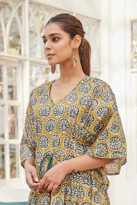 Mustard Yellow Bagru Hand Print Kaftan