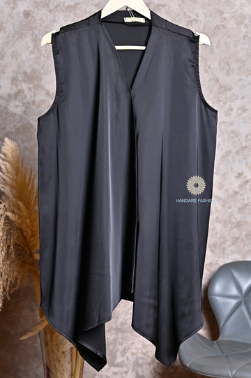 Onyx Black Satin Drape Shrug – Luxe Flow for Effortless Layering