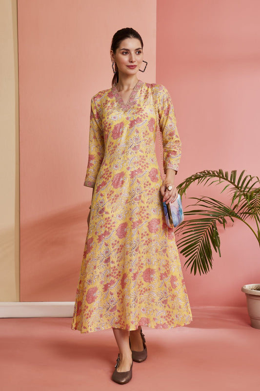 A-line Handblock Sanganeri Long Dress