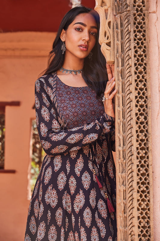 Hand Blocked Ajrakh Printed Black Anarkali Dress