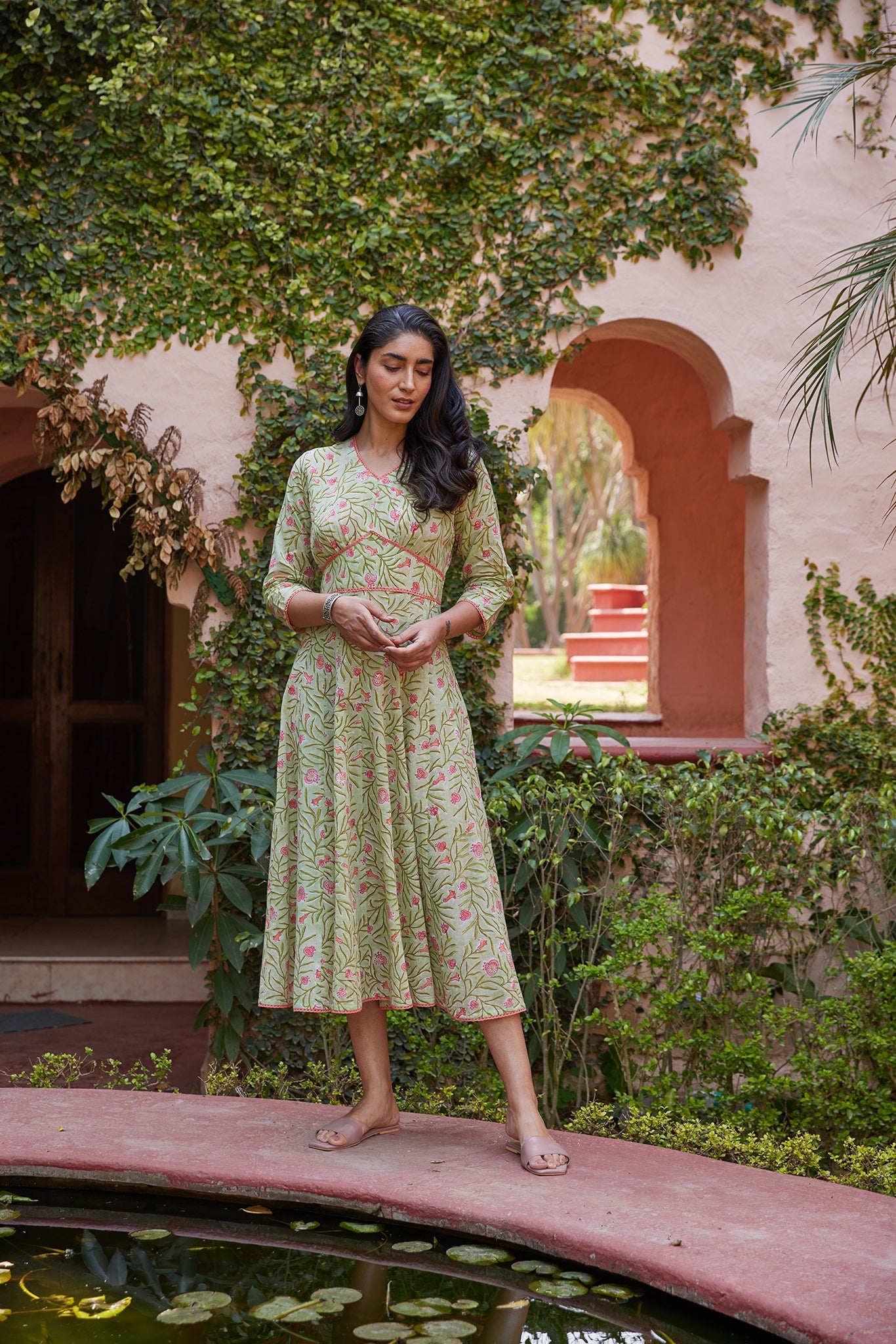 Hand Blocked Mint Green Sanganeri Floral Print Midi Dress