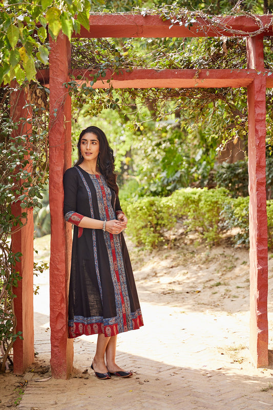 Multi Panel Ajrakh Print A-Line Kurta Dress With Pockets