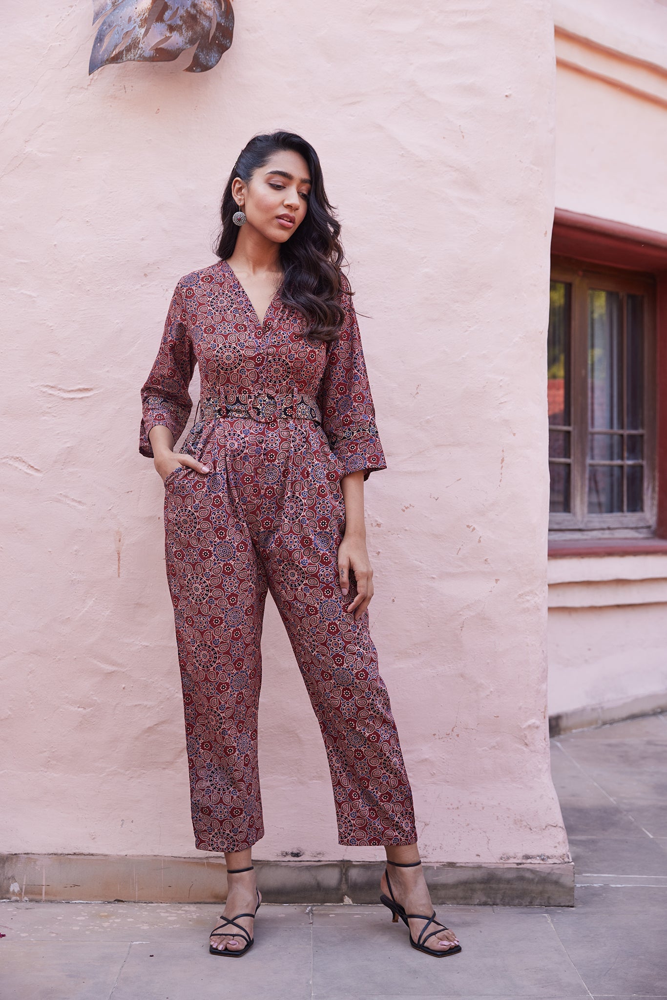 Hand blocked Ajrak Print Jumpsuit With Belt