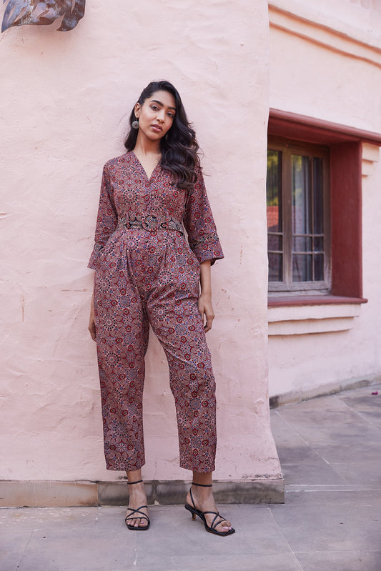 Hand blocked Ajrak Print Jumpsuit With Belt