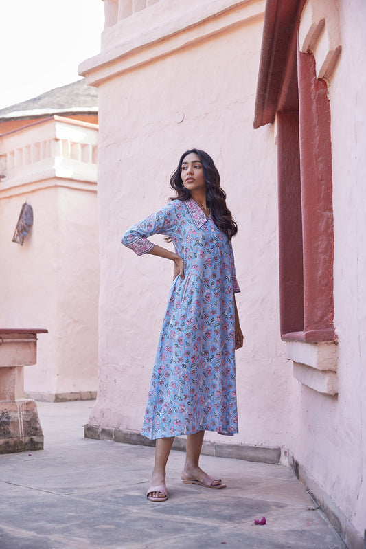 Collared Hand Block Print A-Line Light Blue Kurta Dress With Pockets