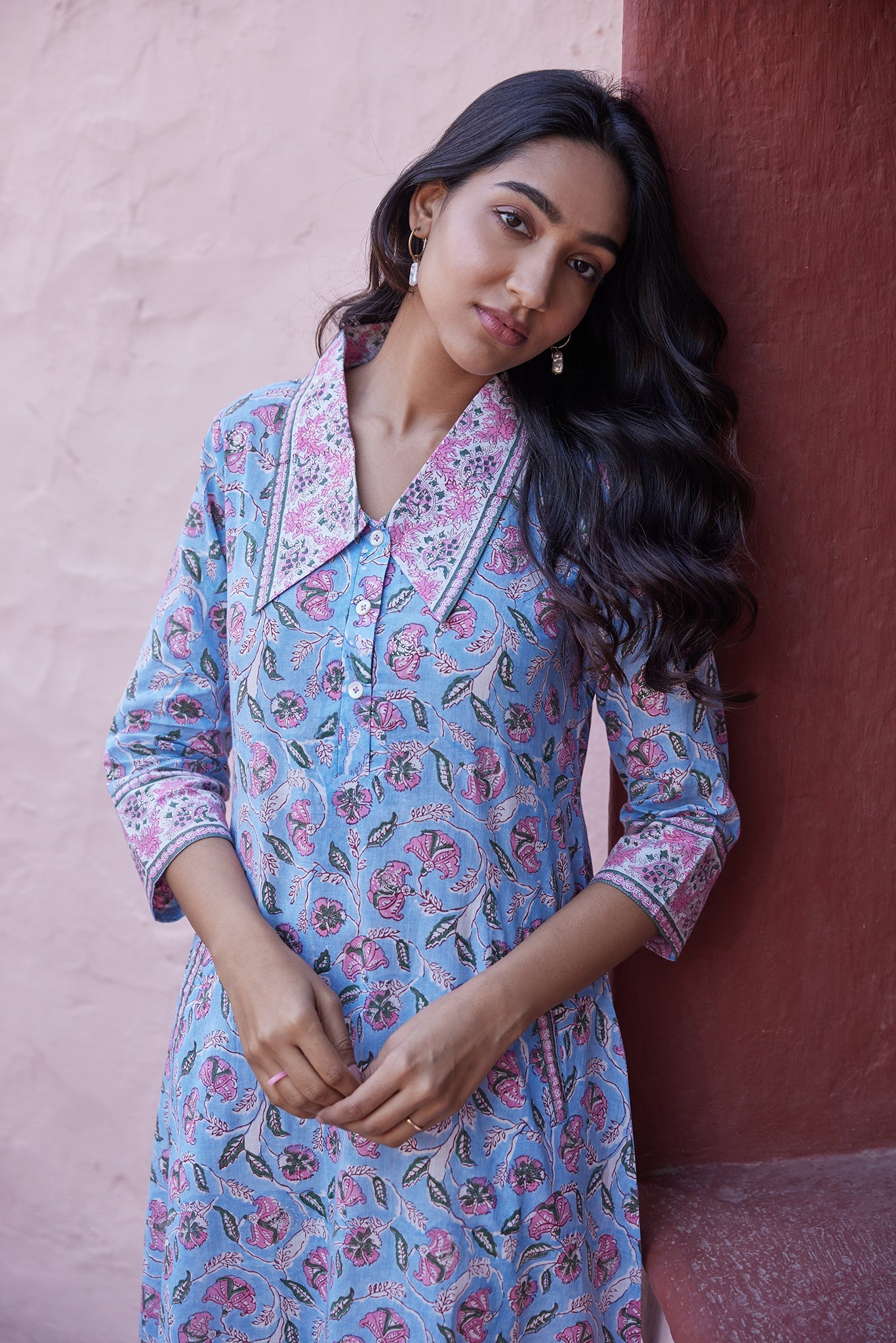 Collared Hand Block Print A-Line Light Blue Kurta Dress With Pockets