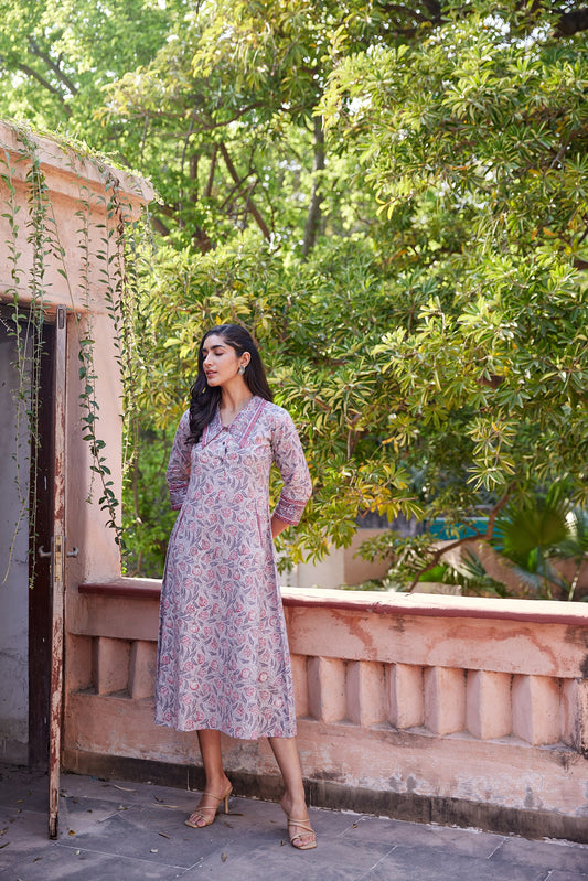 Collared Rose Hand Block Print A-Line Grey Kurta Dress With Pockets