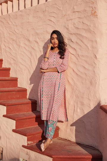 Pink Hand Block Print Straight Kurta With Rogan