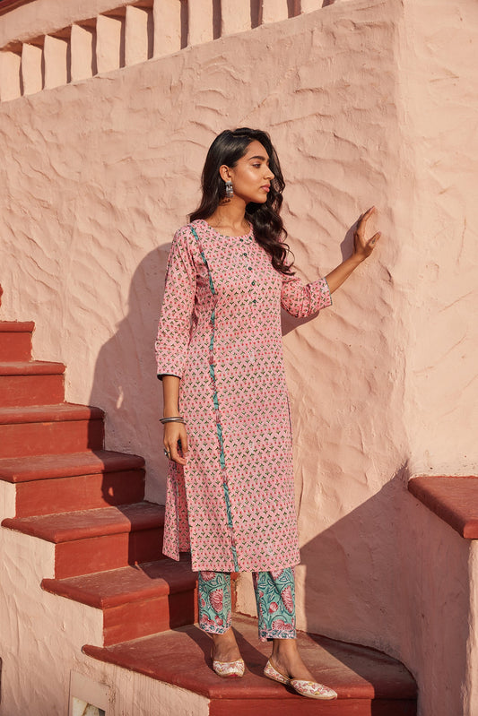 Pink Hand Block Print Straight Kurta With Rogan