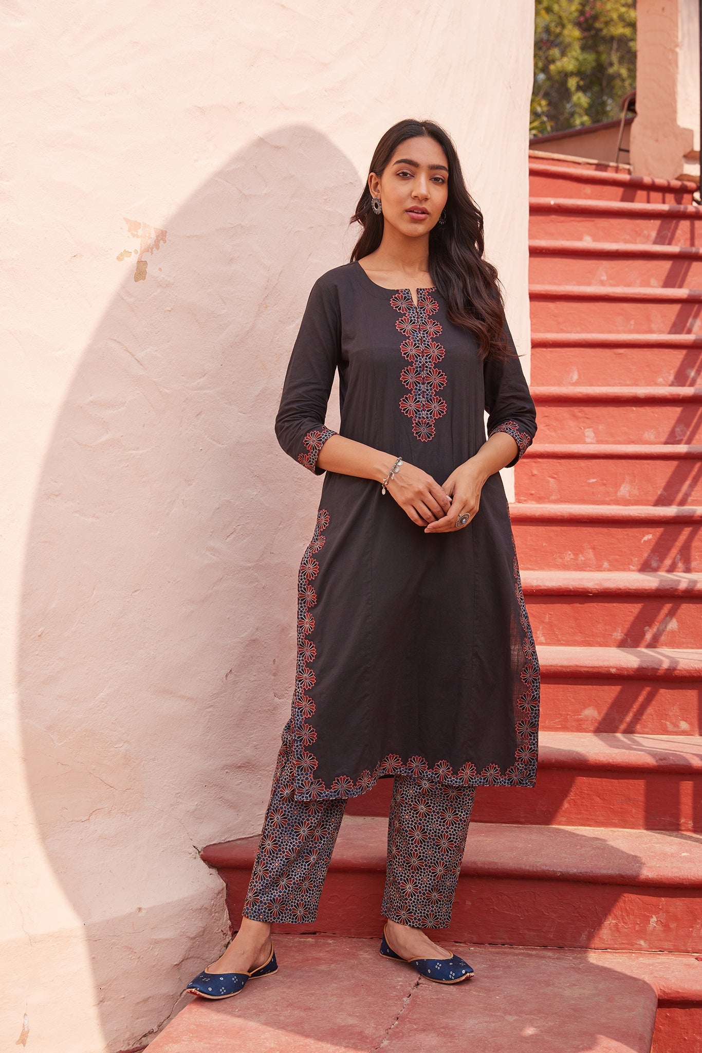 Solid Black Kurta With Embroidered Ajrakh Applique