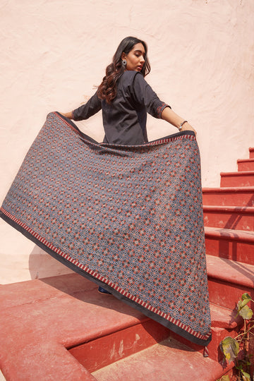 Blue Ajrakh Print Premium Cotton Dupatta With Tassels