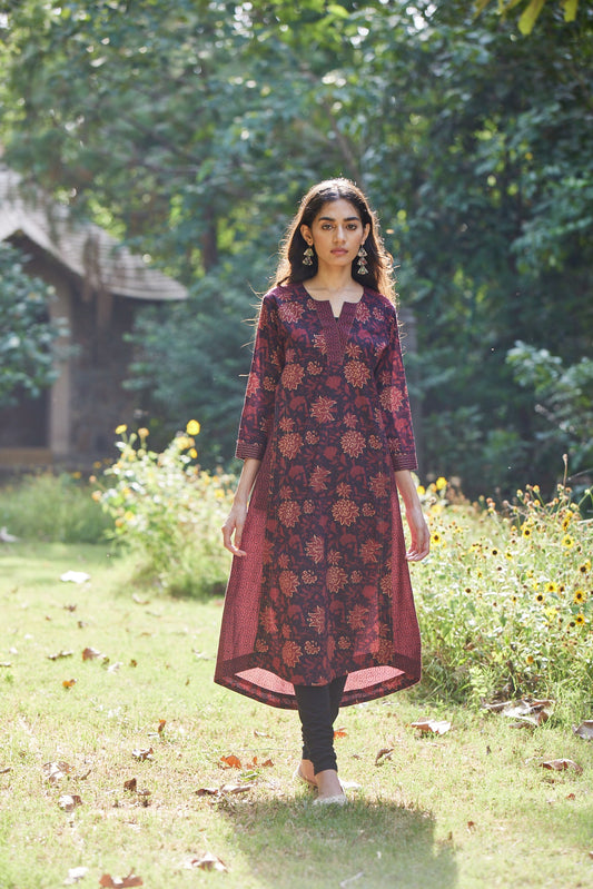 Multi Print Maroon Kurta-Dress With Pockets