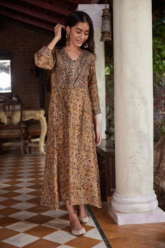 Flowy Hand Block Printed A-Line Kalamkari Dress