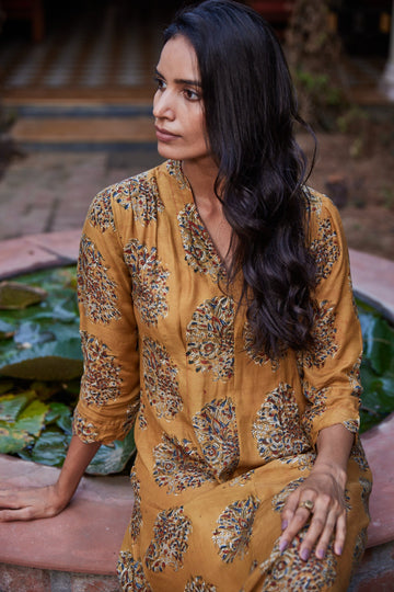 Signature Kalamkari Mustard A-Line Kurta