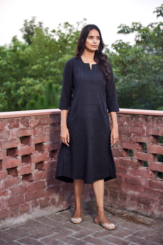 Black Solid A-Line Kurta With Pintucks