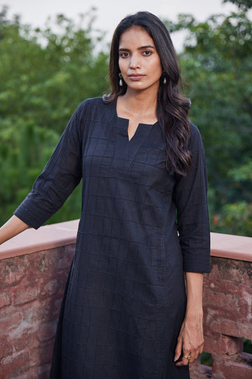 Black Solid A-Line Kurta With Pintucks