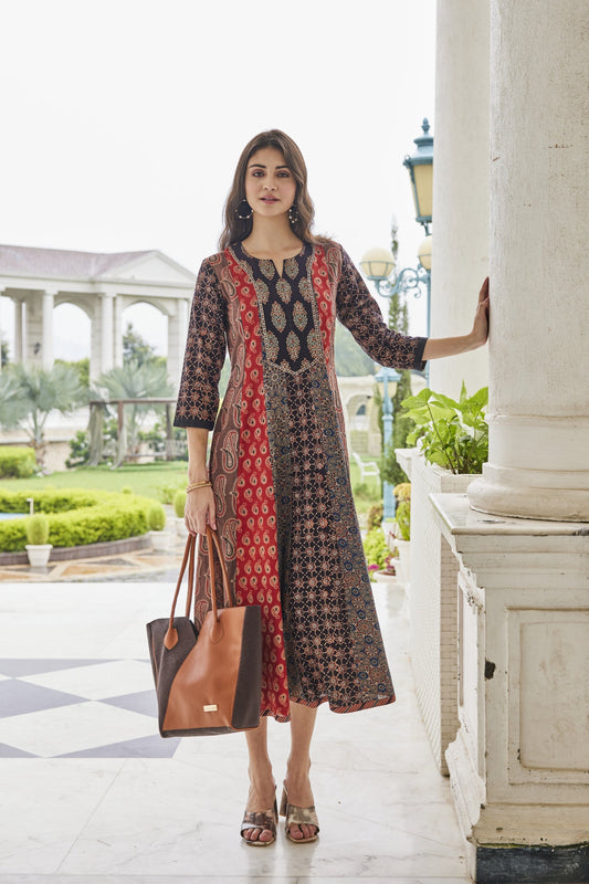 Signature Cut A-line Hand-Block Ajrakh Dress