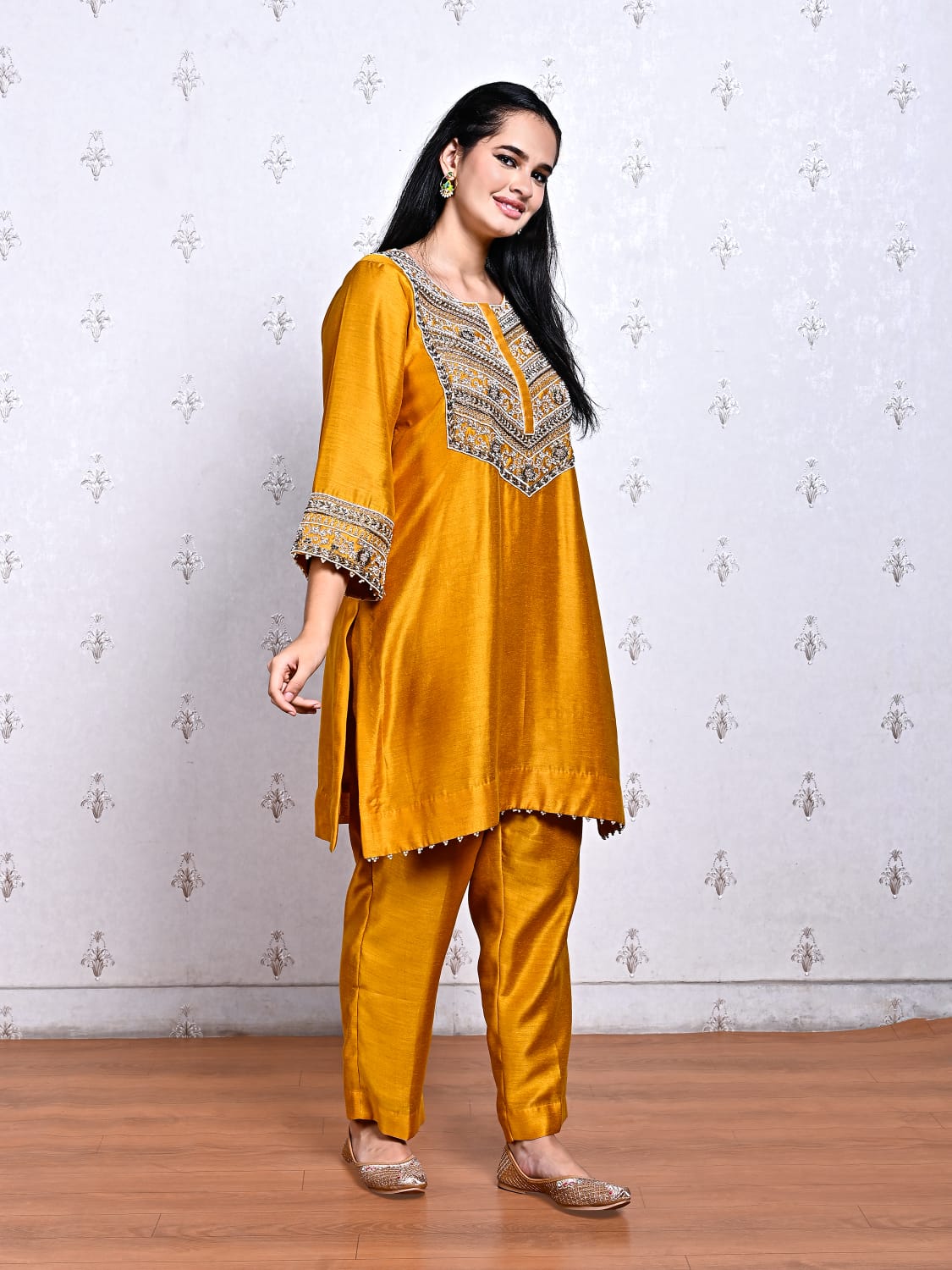 Mustard Monga Silk Embroidered Kurta Set with Handwork Detailing