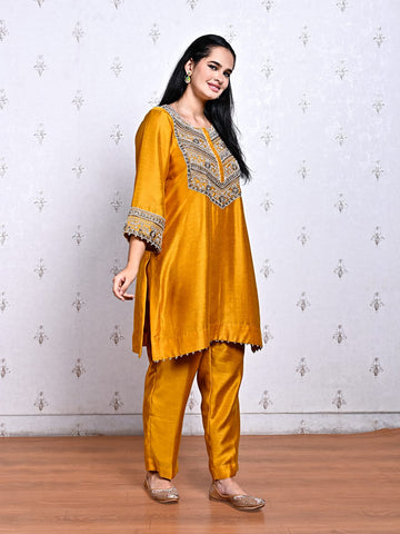 Mustard Monga Silk Embroidered Kurta Set with Handwork Detailing