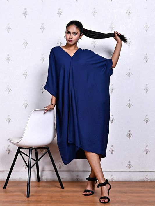 Navy Blue Blended Cotton Kaftan Dress with V-Neckline
