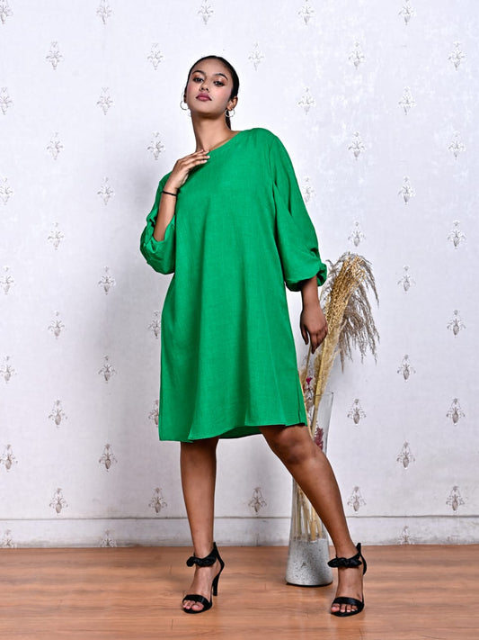 Emerald Green Balloon Sleeve Dress in Blended Cotton