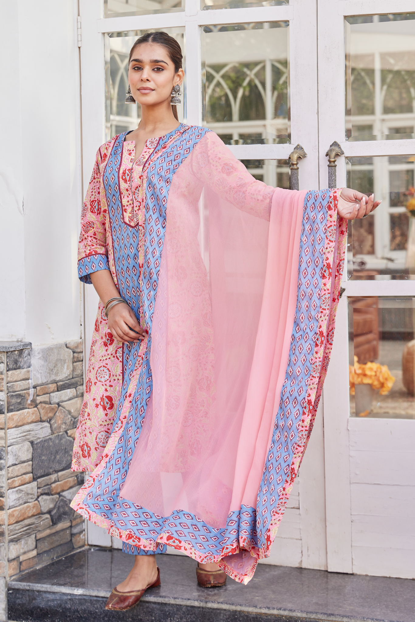 Pink Chiffon Dupatta With Handblock Print Border