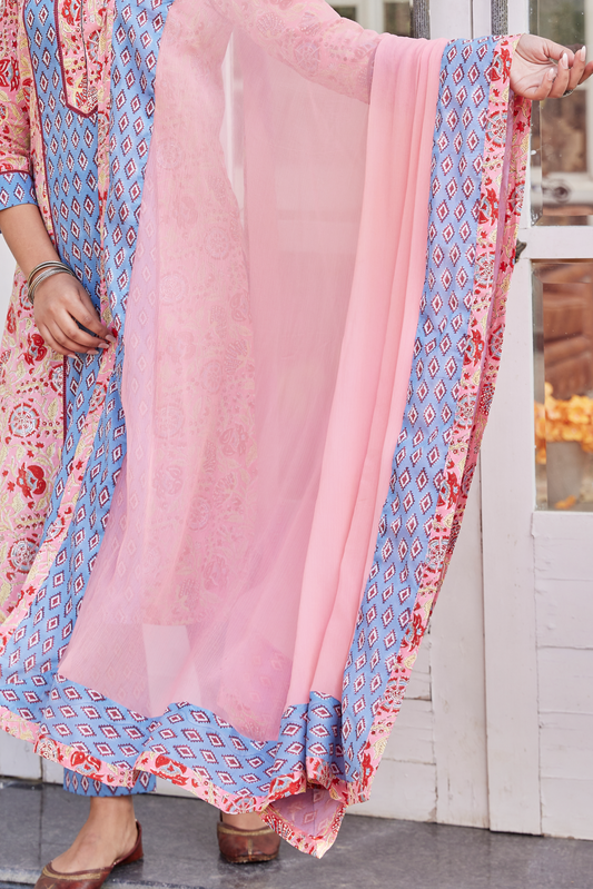 Pink Chiffon Dupatta With Handblock Print Border