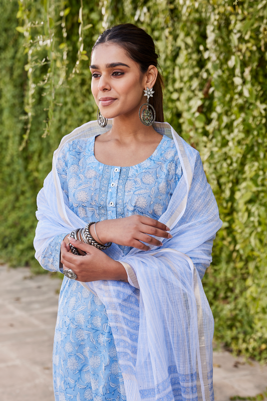 Blue & White Kota Cotton Dupatta With Tassels