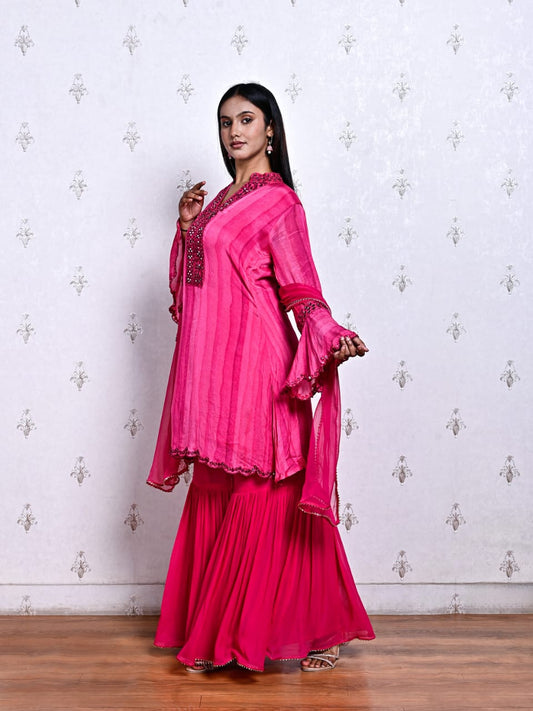 Women’s Pink Pure Chinon Kurta Sharara Set with Chiffon Dupatta