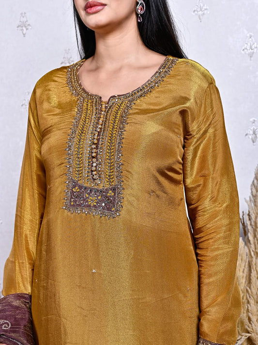 Golden Mustard Tissue Shimmer Sharara Set with Maroon Dupatta