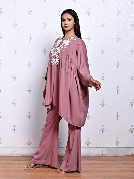Blush Pink Crepe Coord Set with Lotus Pearl Hand Embroidery