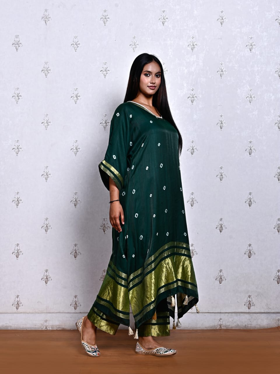 Green Cotton Silk Bandhani Kurti with Pearl Neck Work & Pants