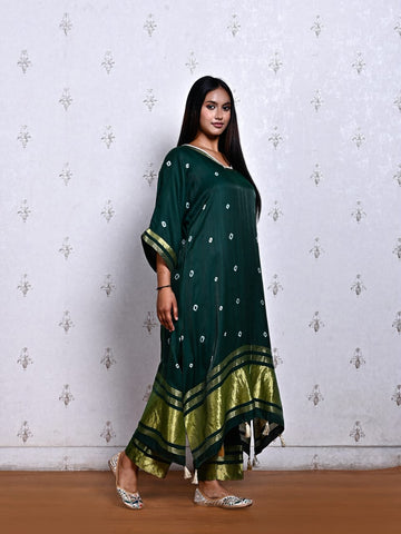 Green Cotton Silk Bandhani Kurti with Pearl Neck Work & Pants