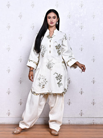 Ivory Cotton Linen Kurta Set with Elegant Pitta Embroidery