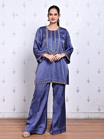 Blue Fusion Silk Kurta Set with Hand Embroidery and Red Potli
