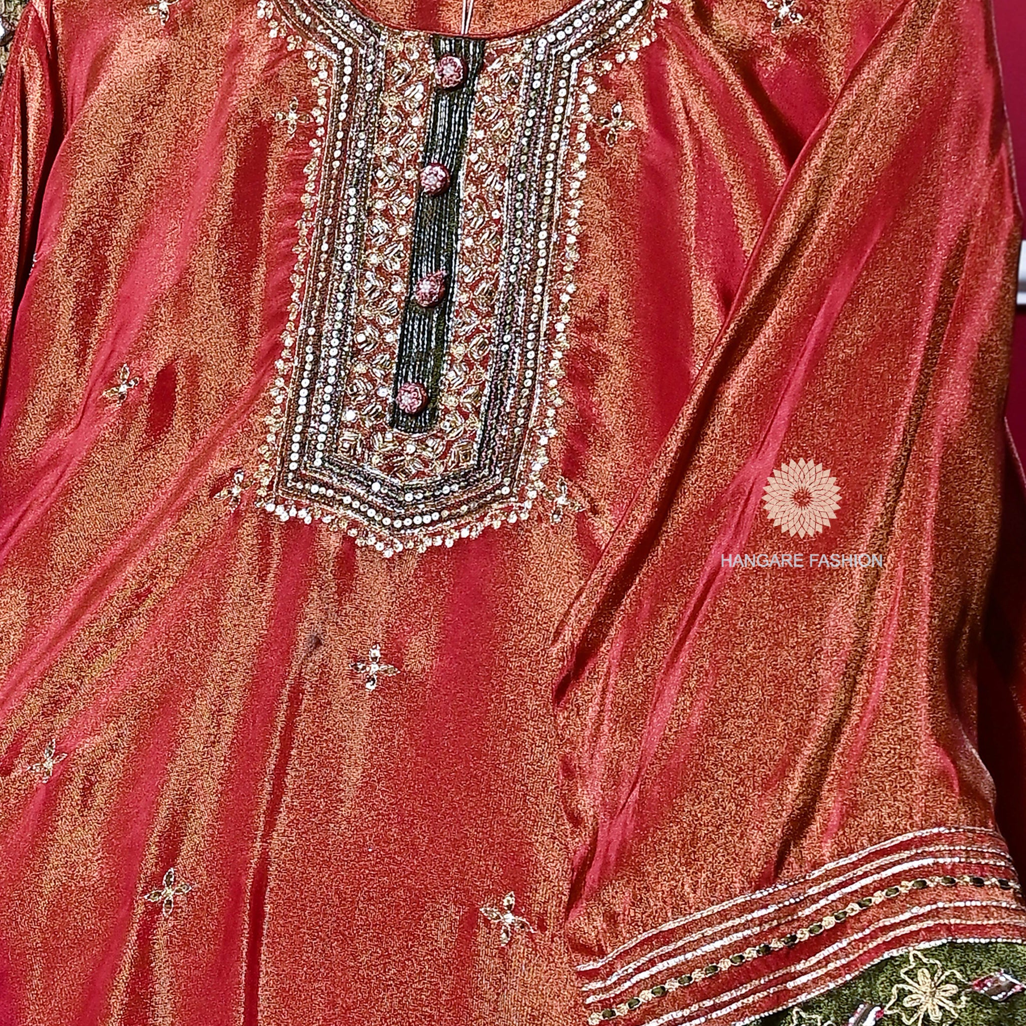 Rust Tissue Shimmer Unstitched Suit with Dabka & Gota Patti Work