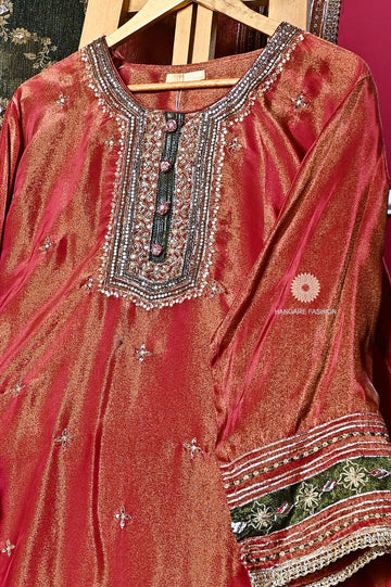 Rust Tissue Shimmer Unstitched Suit with Dabka & Gota Patti Work